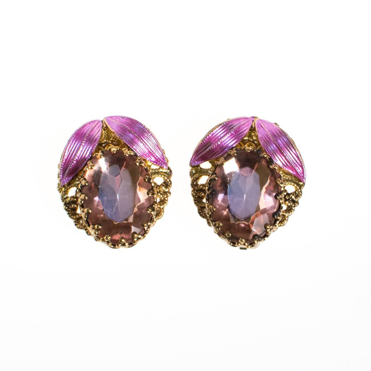 Vintage Pink Rhinestone and Gold Filigree Earrings made in West Germany