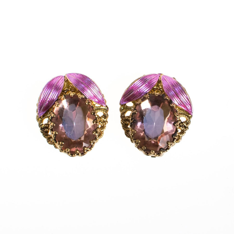 Vintage Pink Rhinestone and Gold Filigree Earrings made in West Germany by West Germany - Vintage Meet Modern Vintage Jewelry - Chicago, Illinois - #oldhollywoodglamour #vintagemeetmodern #designervintage #jewelrybox #antiquejewelry #vintagejewelry