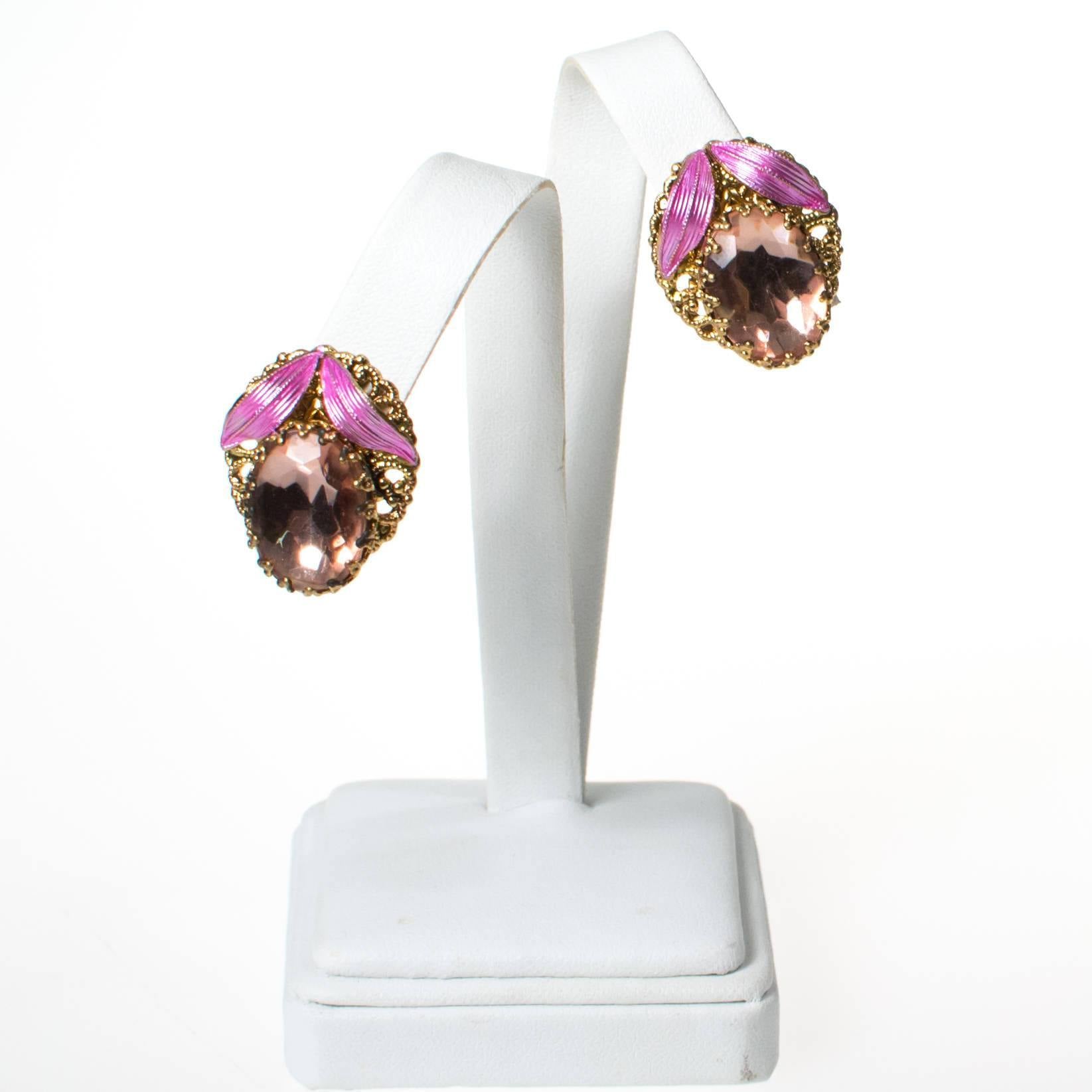 Vintage Pink Rhinestone and Gold Filigree Earrings made in West Germany by West Germany - Vintage Meet Modern Vintage Jewelry - Chicago, Illinois - #oldhollywoodglamour #vintagemeetmodern #designervintage #jewelrybox #antiquejewelry #vintagejewelry
