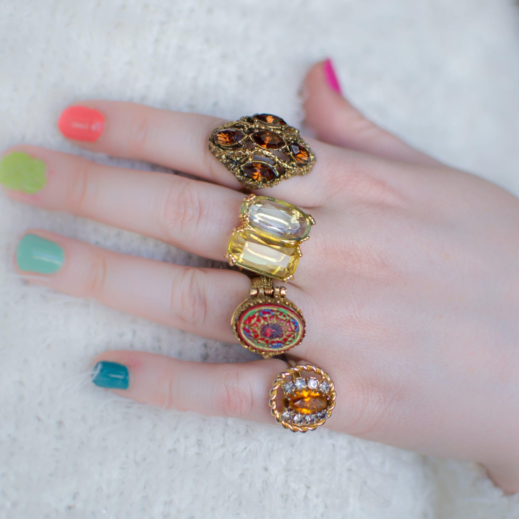 Amber Crystal Statement Ring with Rhinestones by 1960s - Vintage Meet Modern Vintage Jewelry - Chicago, Illinois - #oldhollywoodglamour #vintagemeetmodern #designervintage #jewelrybox #antiquejewelry #vintagejewelry