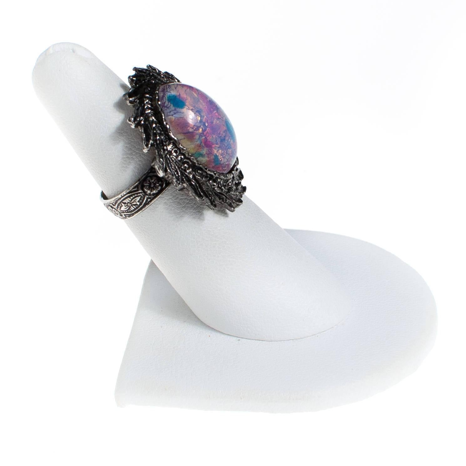 Opaline Crystal Statement Ring, Silver Tone Setting, Adjustable by 1960s - Vintage Meet Modern Vintage Jewelry - Chicago, Illinois - #oldhollywoodglamour #vintagemeetmodern #designervintage #jewelrybox #antiquejewelry #vintagejewelry