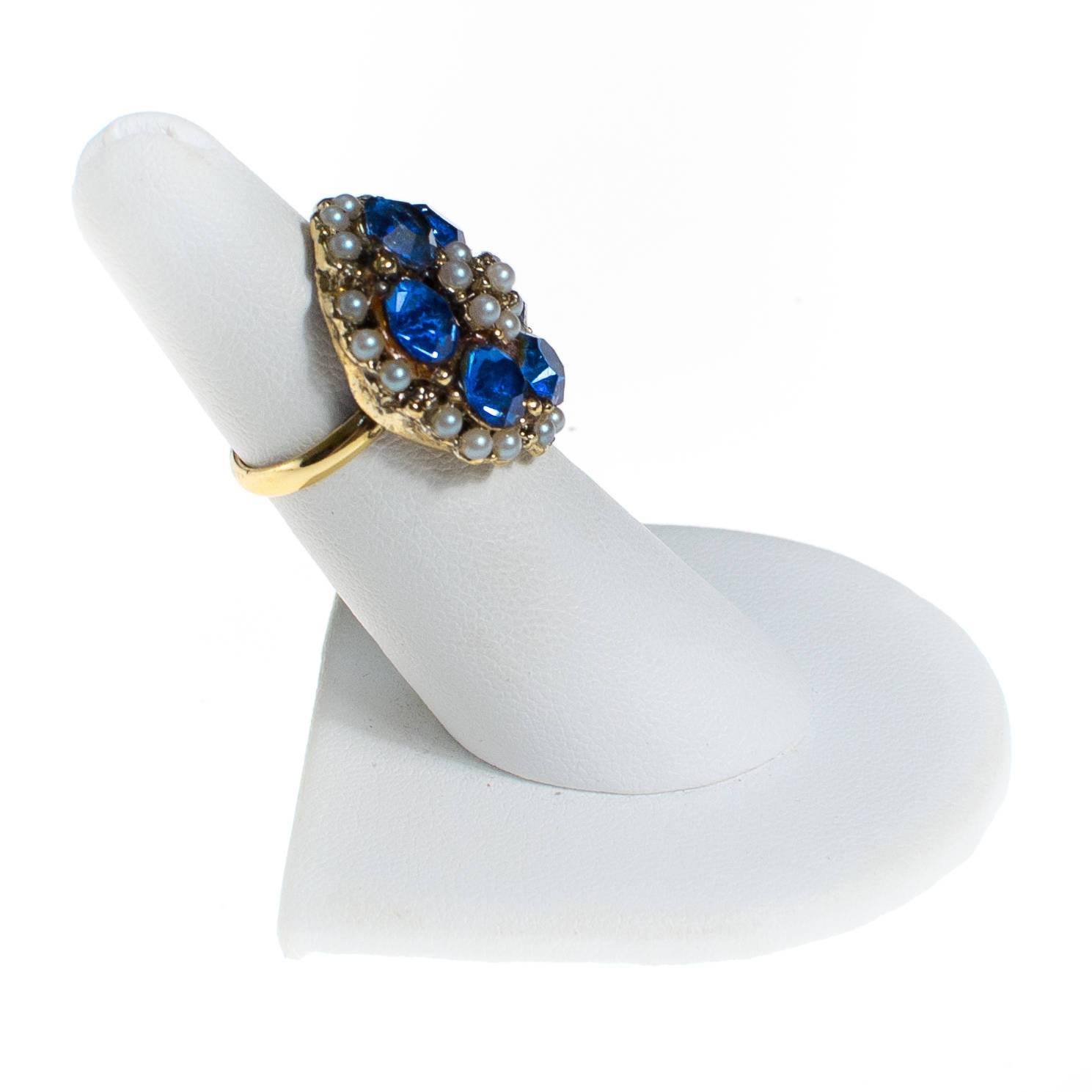 Vintage Blue Rhinestone and Seed Pearl Statement Ring by 1960s - Vintage Meet Modern Vintage Jewelry - Chicago, Illinois - #oldhollywoodglamour #vintagemeetmodern #designervintage #jewelrybox #antiquejewelry #vintagejewelry