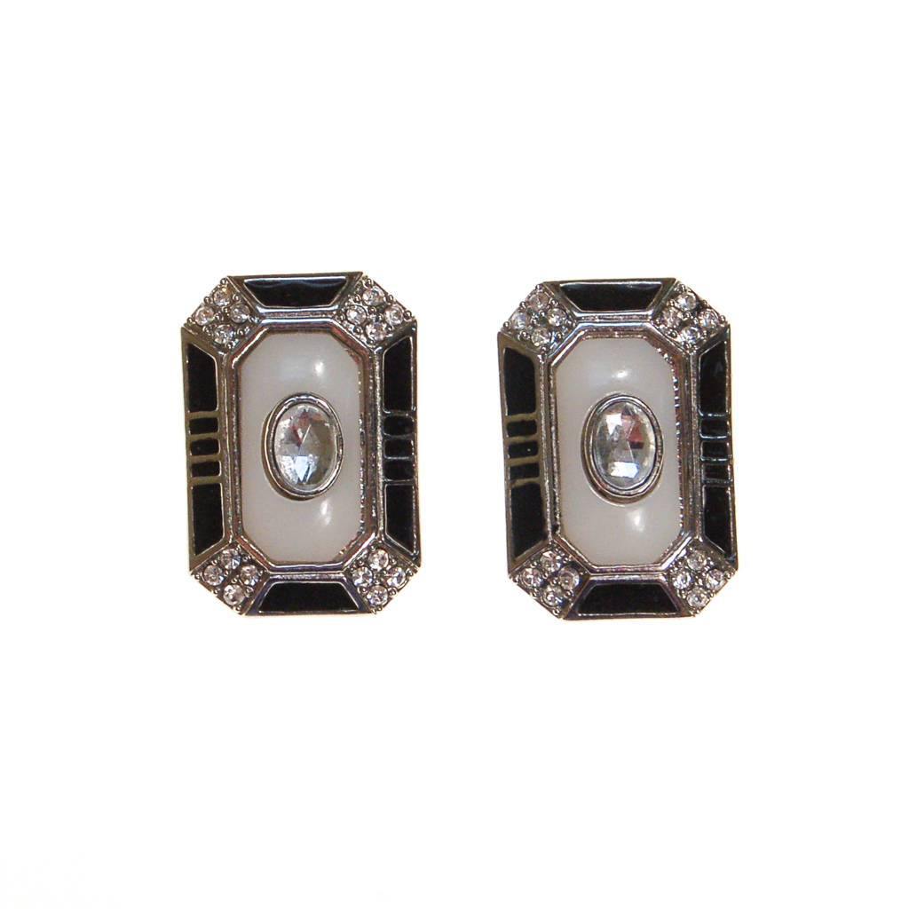 Black White and Rhinestone Art Deco Style Clip Earrings by 1980S - Vintage Meet Modern Vintage Jewelry - Chicago, Illinois - #oldhollywoodglamour #vintagemeetmodern #designervintage #jewelrybox #antiquejewelry #vintagejewelry