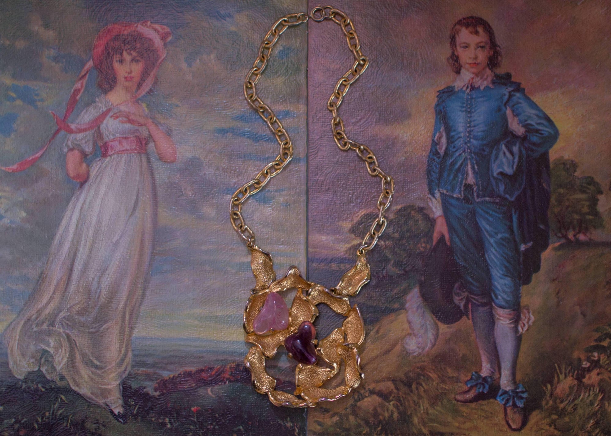 Vintage Castlecliff Statement Necklace with Rose Quartz and Amethyst Hearts by Castlecliff - Vintage Meet Modern Vintage Jewelry - Chicago, Illinois - #oldhollywoodglamour #vintagemeetmodern #designervintage #jewelrybox #antiquejewelry #vintagejewelry