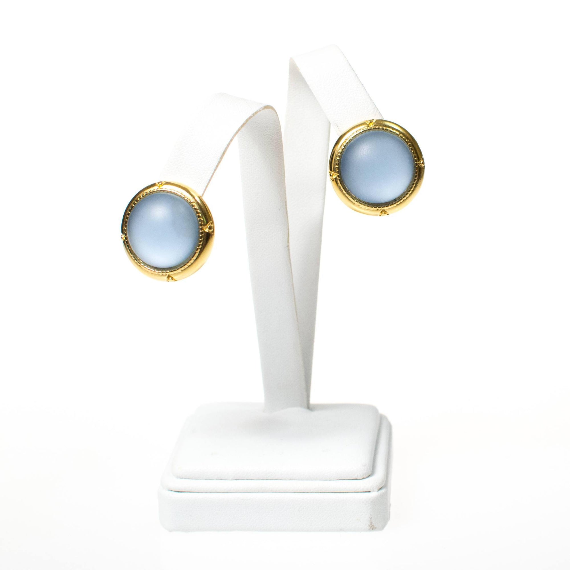 Vintage Light Blue Satin Glass Cabochon Statement Earrings by 1980s - Vintage Meet Modern Vintage Jewelry - Chicago, Illinois - #oldhollywoodglamour #vintagemeetmodern #designervintage #jewelrybox #antiquejewelry #vintagejewelry