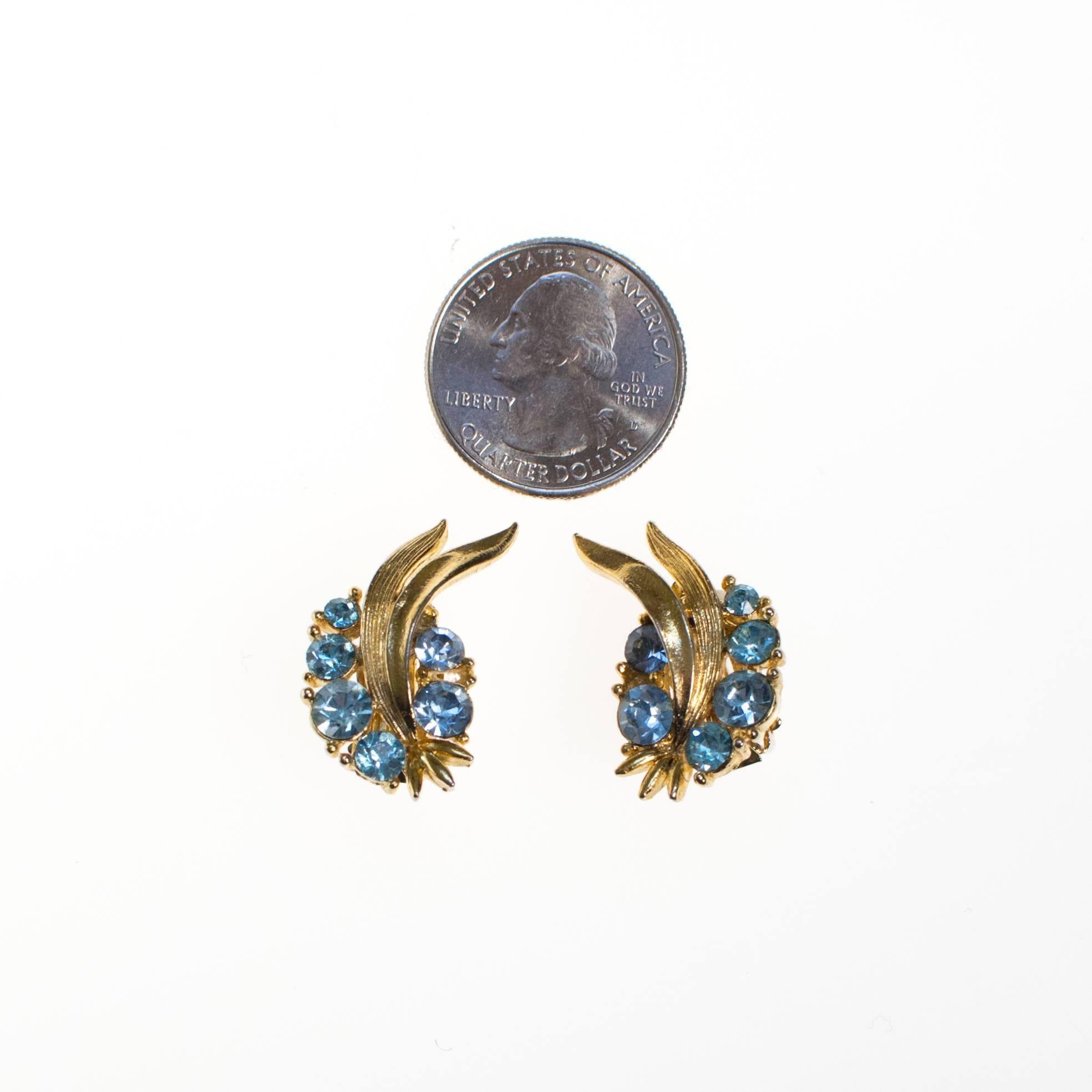 Vintage Blue Rhinestone Earrings Set in Gold Tone by 1960s - Vintage Meet Modern Vintage Jewelry - Chicago, Illinois - #oldhollywoodglamour #vintagemeetmodern #designervintage #jewelrybox #antiquejewelry #vintagejewelry