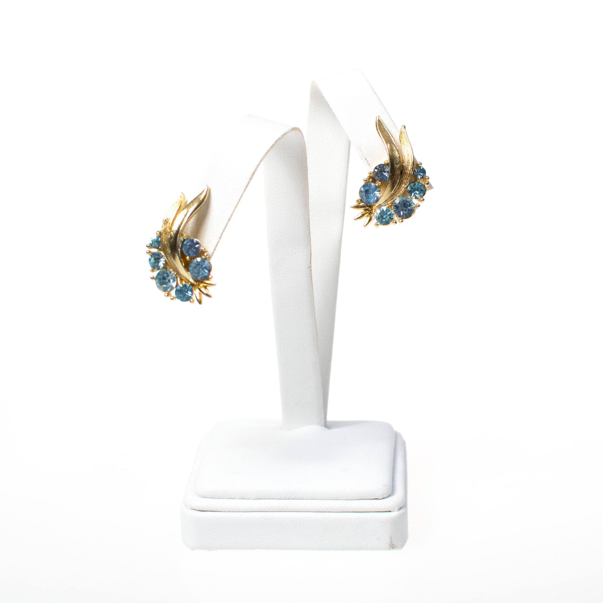 Vintage Blue Rhinestone Earrings Set in Gold Tone by 1960s - Vintage Meet Modern Vintage Jewelry - Chicago, Illinois - #oldhollywoodglamour #vintagemeetmodern #designervintage #jewelrybox #antiquejewelry #vintagejewelry