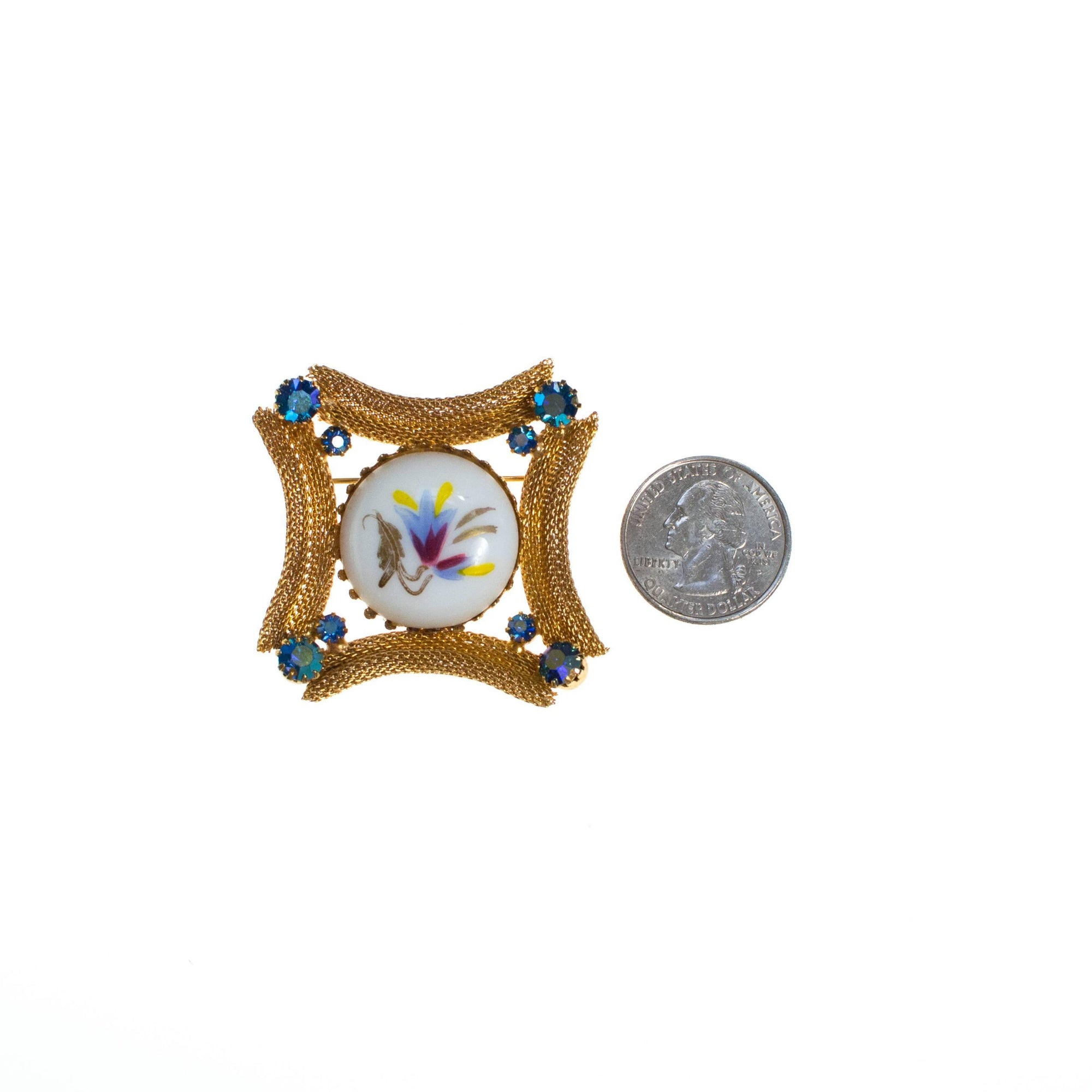 Hand Painted Floral Porcelain Brooch with Rhinestones, Gold Tone Setting by Vintage Meet Modern - Vintage Meet Modern Vintage Jewelry - Chicago, Illinois - #oldhollywoodglamour #vintagemeetmodern #designervintage #jewelrybox #antiquejewelry #vintagejewelry