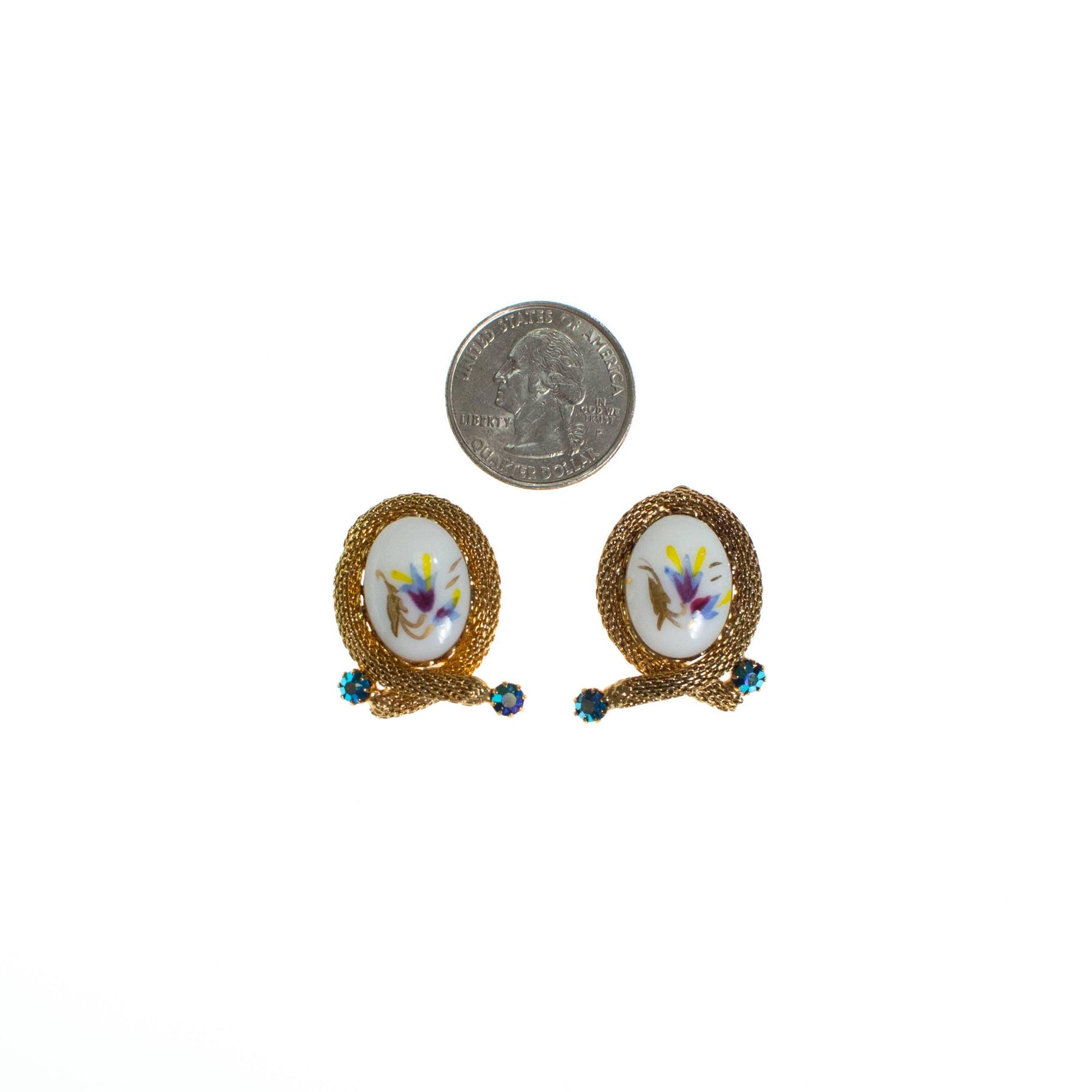 Vintage Hand Painted Porcelain Floral Earrings, White and Gold Tone with Rhinestones, Clip On by 1960s - Vintage Meet Modern Vintage Jewelry - Chicago, Illinois - #oldhollywoodglamour #vintagemeetmodern #designervintage #jewelrybox #antiquejewelry #vintagejewelry