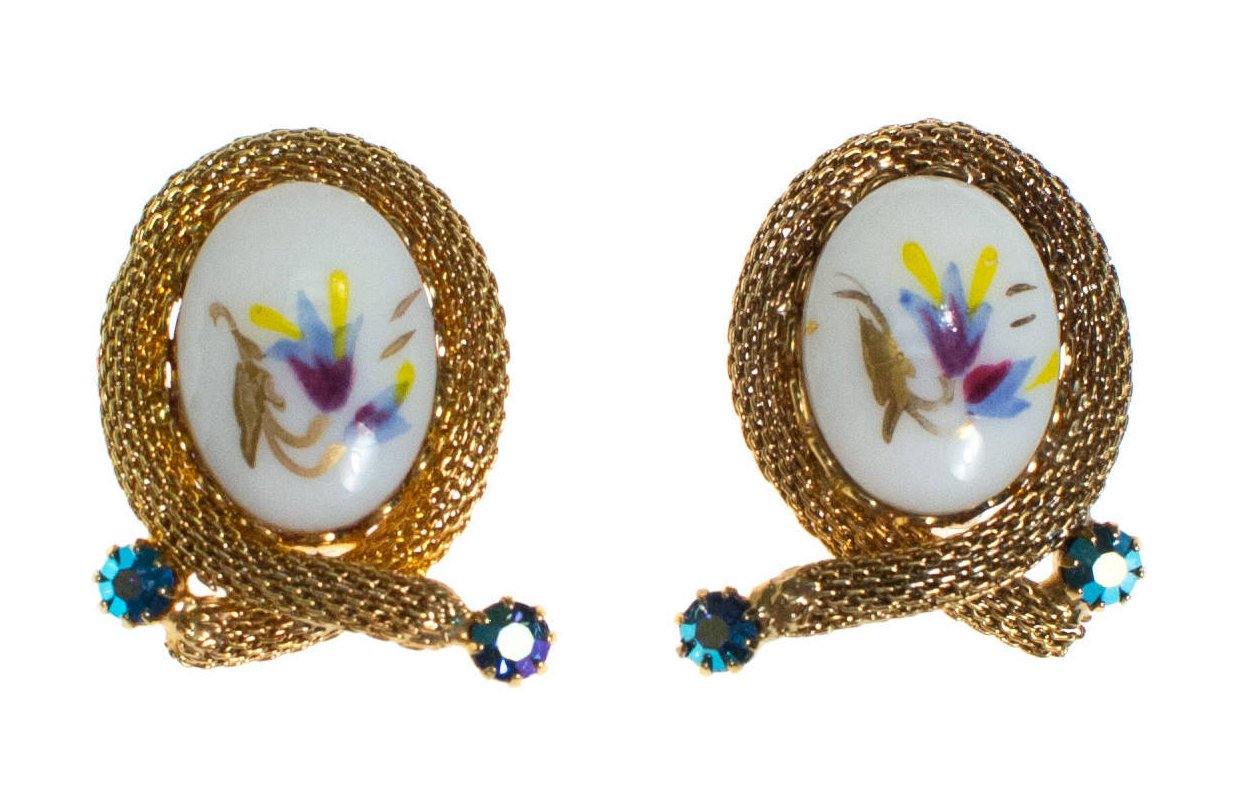 Vintage Hand Painted Porcelain Floral Earrings, White and Gold Tone with Rhinestones, Clip On