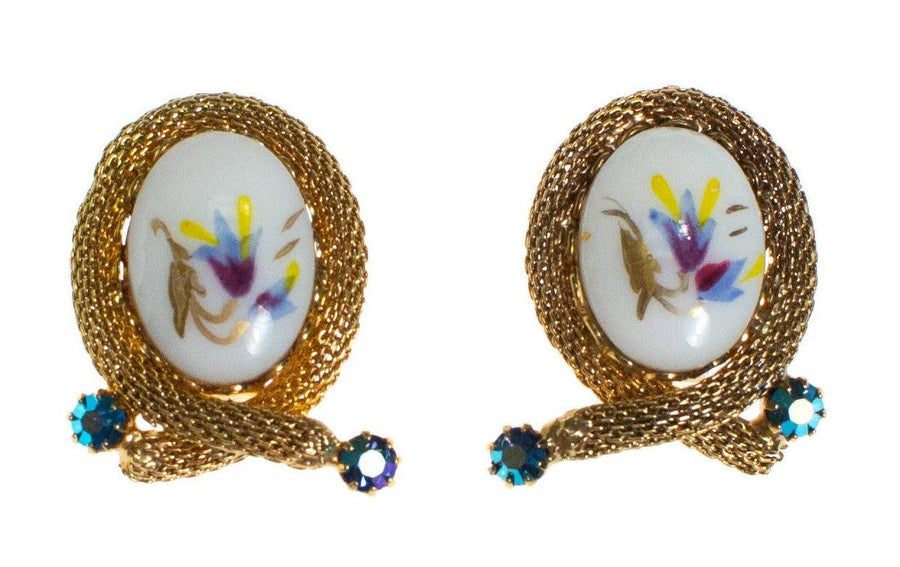 Vintage Hand Painted Porcelain Floral Earrings, White and Gold Tone with Rhinestones, Clip On by 1960s - Vintage Meet Modern Vintage Jewelry - Chicago, Illinois - #oldhollywoodglamour #vintagemeetmodern #designervintage #jewelrybox #antiquejewelry #vintagejewelry