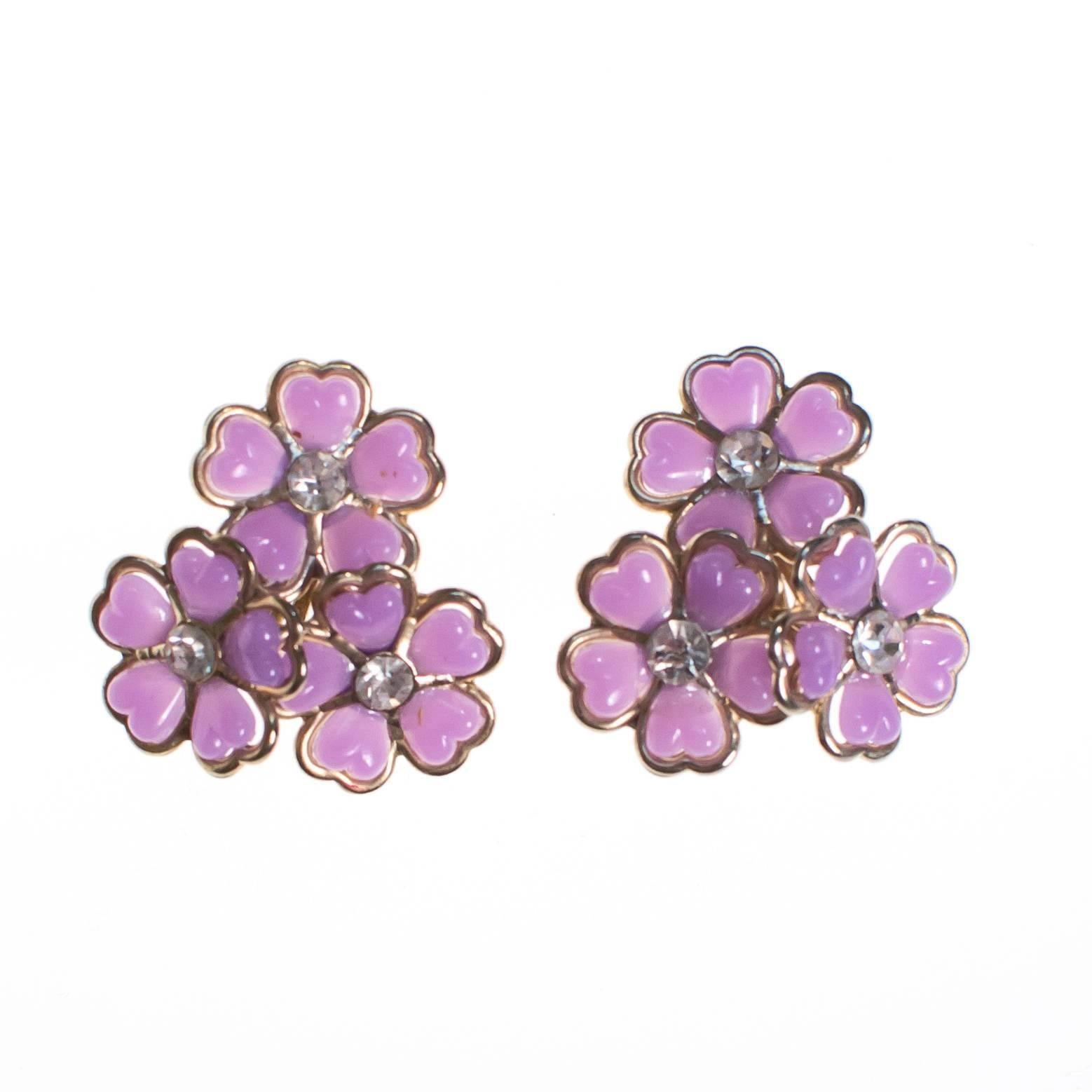 Purple Lucite Flower Earrings with Rhinestones by 1950s - Vintage Meet Modern Vintage Jewelry - Chicago, Illinois - #oldhollywoodglamour #vintagemeetmodern #designervintage #jewelrybox #antiquejewelry #vintagejewelry