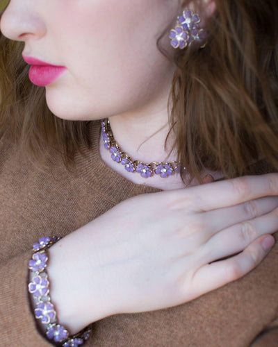 Purple Lucite Flower Earrings with Rhinestones by 1950s - Vintage Meet Modern Vintage Jewelry - Chicago, Illinois - #oldhollywoodglamour #vintagemeetmodern #designervintage #jewelrybox #antiquejewelry #vintagejewelry