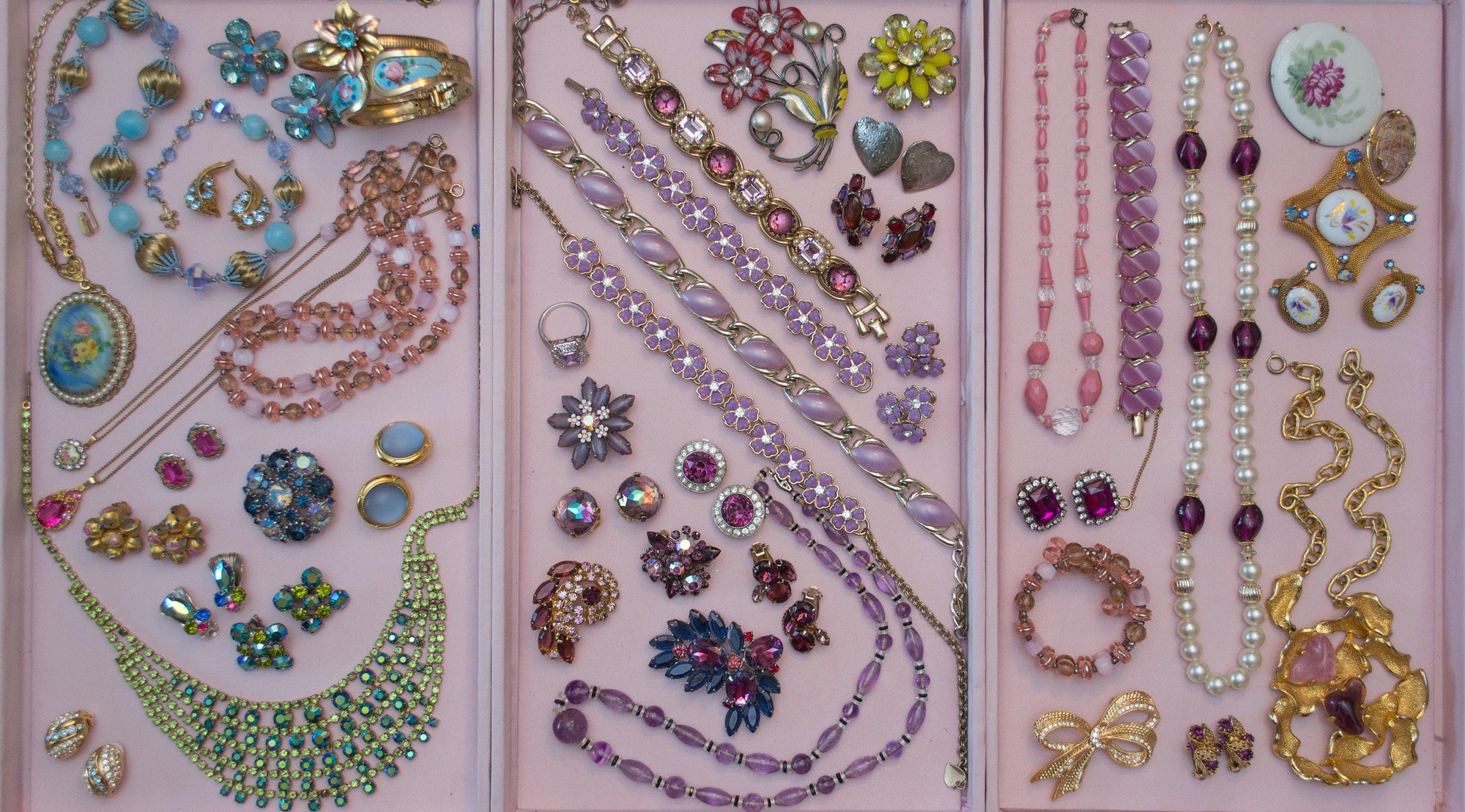 Purple Lucite Flower Earrings with Rhinestones by 1950s - Vintage Meet Modern Vintage Jewelry - Chicago, Illinois - #oldhollywoodglamour #vintagemeetmodern #designervintage #jewelrybox #antiquejewelry #vintagejewelry