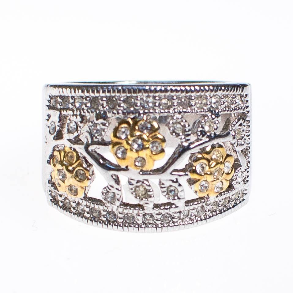 Diamonique CZ Floral Design Gold and Silver Wide Band Ring