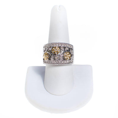 Diamonique CZ Floral Design Gold and Silver Wide Band Ring by 1990s - Vintage Meet Modern Vintage Jewelry - Chicago, Illinois - #oldhollywoodglamour #vintagemeetmodern #designervintage #jewelrybox #antiquejewelry #vintagejewelry