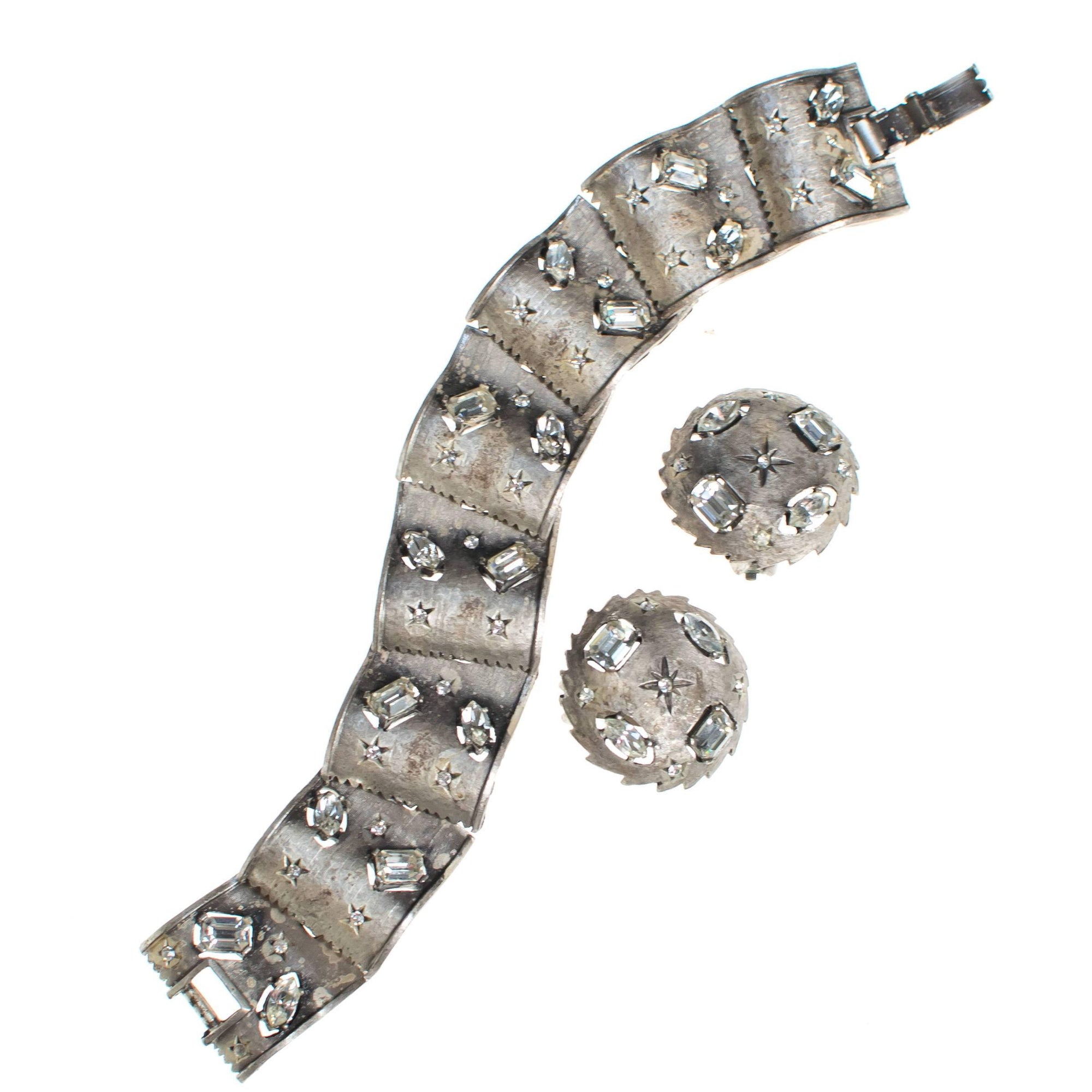 Vintage Silver Panel Bracelet with Crystal Rhinestone Stars by 1950s - Vintage Meet Modern Vintage Jewelry - Chicago, Illinois - #oldhollywoodglamour #vintagemeetmodern #designervintage #jewelrybox #antiquejewelry #vintagejewelry