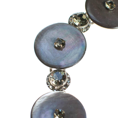 Vintage Silver Gray Mother of Pearl Disc Bracelet with Gray Rhinestones by 1950s - Vintage Meet Modern Vintage Jewelry - Chicago, Illinois - #oldhollywoodglamour #vintagemeetmodern #designervintage #jewelrybox #antiquejewelry #vintagejewelry