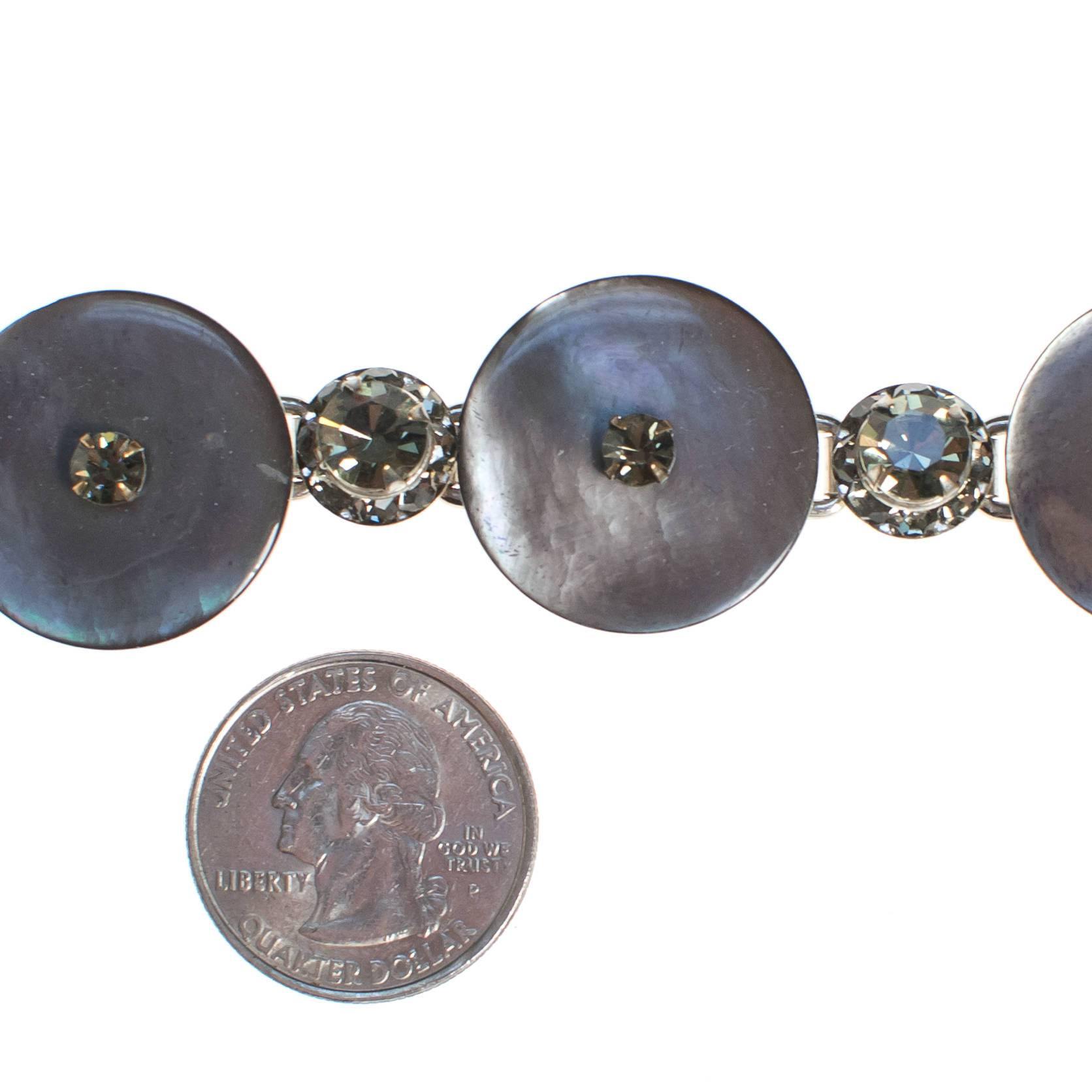 Vintage Silver Gray Mother of Pearl Disc Bracelet with Gray Rhinestones by 1950s - Vintage Meet Modern Vintage Jewelry - Chicago, Illinois - #oldhollywoodglamour #vintagemeetmodern #designervintage #jewelrybox #antiquejewelry #vintagejewelry