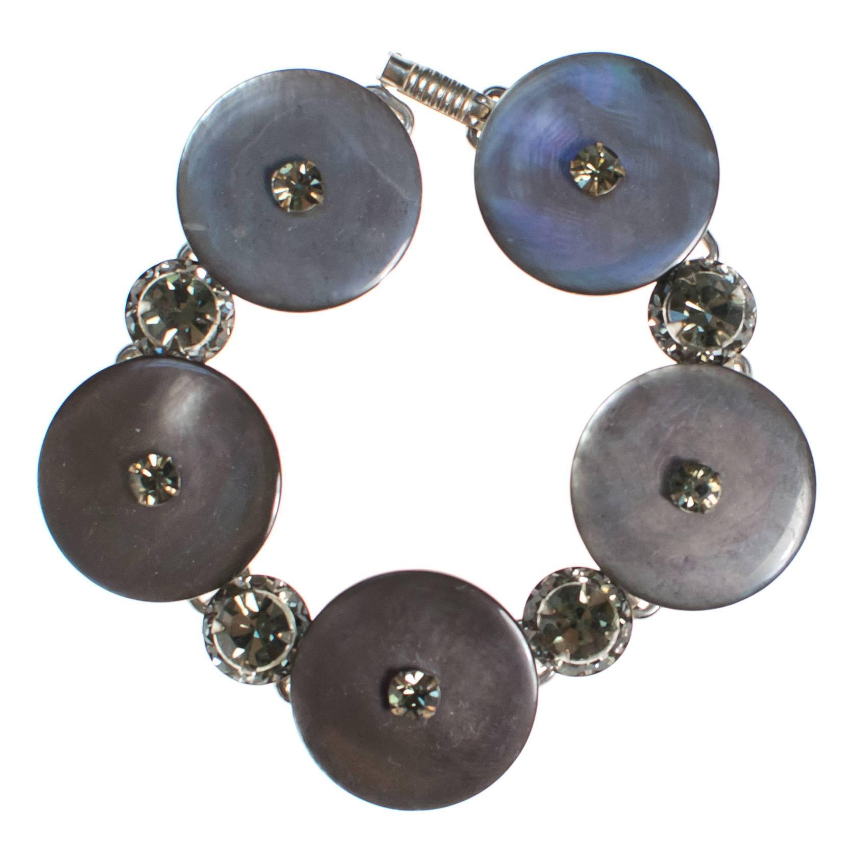 Vintage Silver Gray Mother of Pearl Disc Bracelet with Gray Rhinestones by 1950s - Vintage Meet Modern Vintage Jewelry - Chicago, Illinois - #oldhollywoodglamour #vintagemeetmodern #designervintage #jewelrybox #antiquejewelry #vintagejewelry