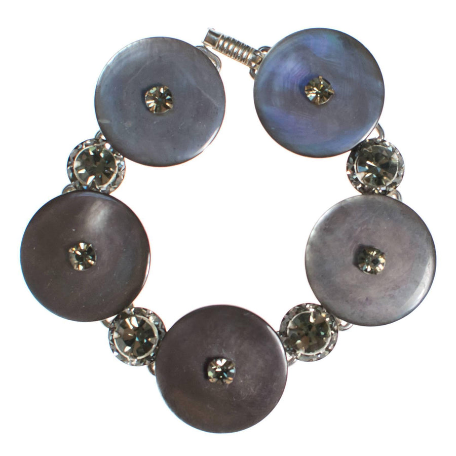 Vintage Silver Gray Mother of Pearl Disc Bracelet with Gray Rhinestones by 1950s - Vintage Meet Modern Vintage Jewelry - Chicago, Illinois - #oldhollywoodglamour #vintagemeetmodern #designervintage #jewelrybox #antiquejewelry #vintagejewelry