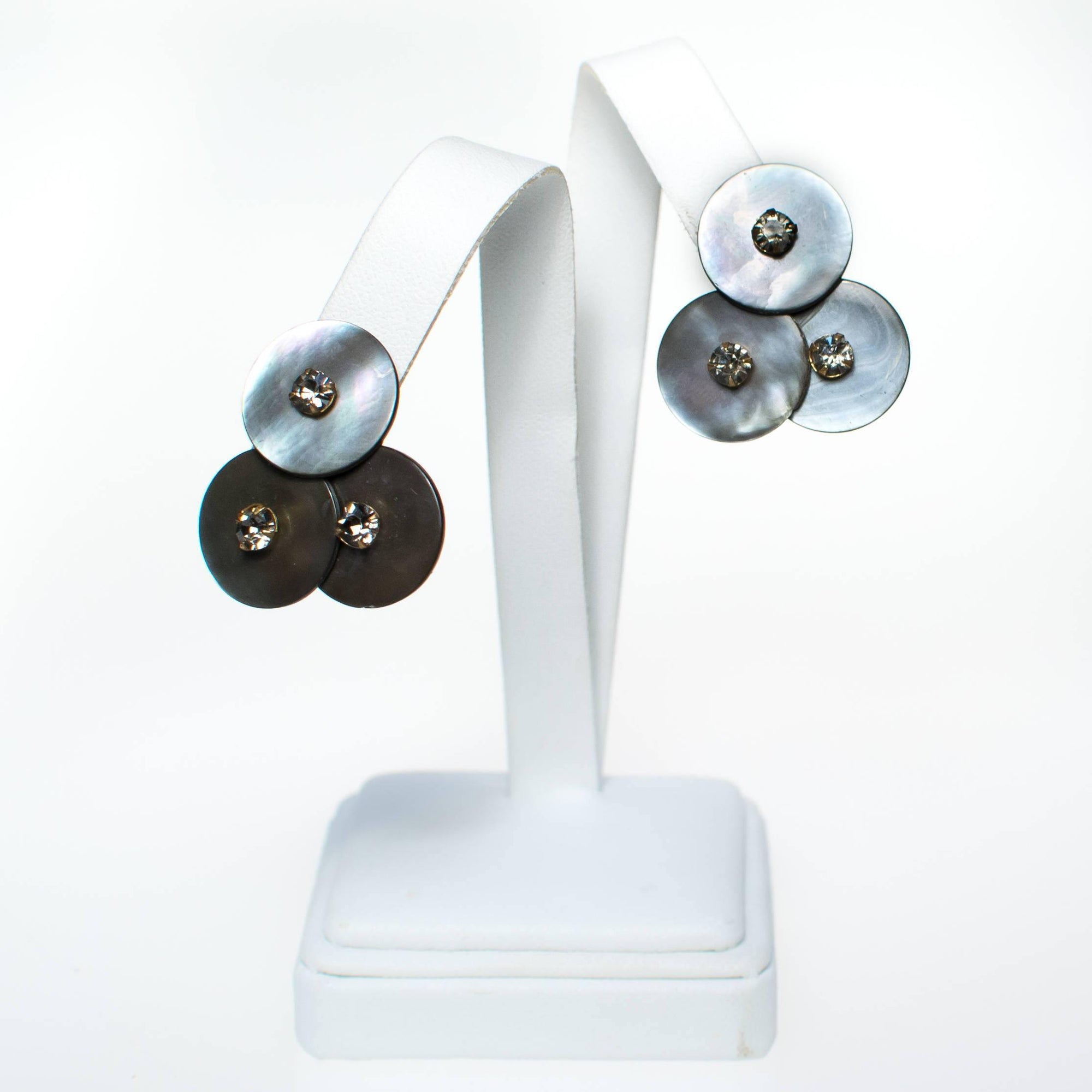 Vintage Gray Mother of Pearl and Smoke Crystal Earrings by 1950's - Vintage Meet Modern Vintage Jewelry - Chicago, Illinois - #oldhollywoodglamour #vintagemeetmodern #designervintage #jewelrybox #antiquejewelry #vintagejewelry