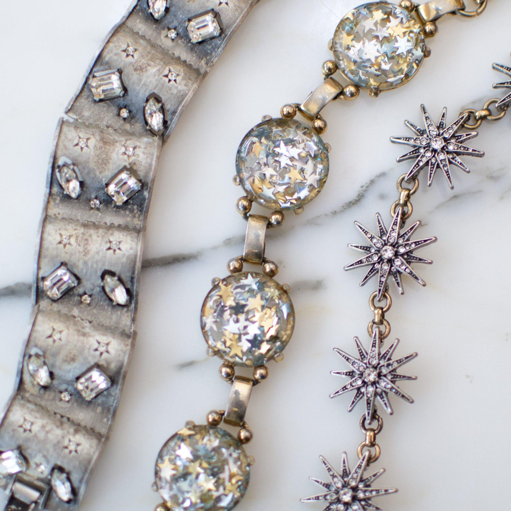 Vintage Silver Panel Bracelet with Crystal Rhinestone Stars by 1950s - Vintage Meet Modern Vintage Jewelry - Chicago, Illinois - #oldhollywoodglamour #vintagemeetmodern #designervintage #jewelrybox #antiquejewelry #vintagejewelry