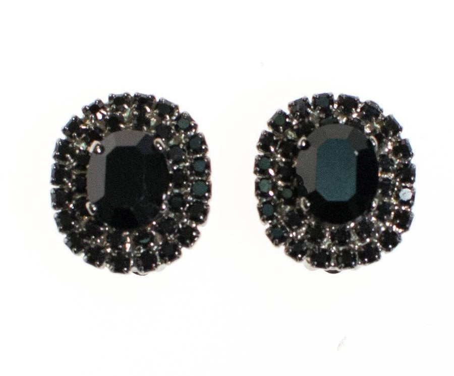 Vintage Jet Black Rhinestone Earrings, Clip On by 1950s - Vintage Meet Modern Vintage Jewelry - Chicago, Illinois - #oldhollywoodglamour #vintagemeetmodern #designervintage #jewelrybox #antiquejewelry #vintagejewelry