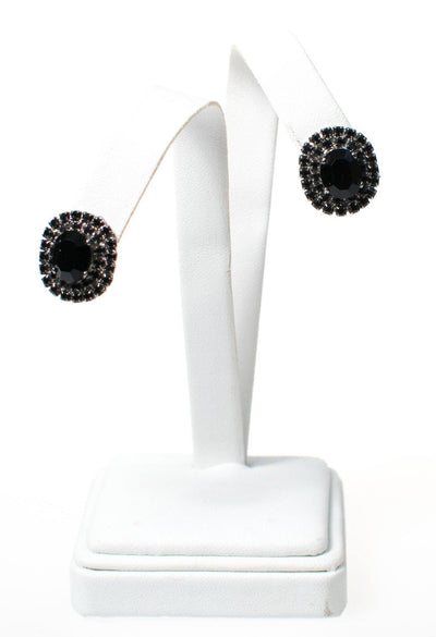 Vintage Jet Black Rhinestone Earrings, Clip On by 1950s - Vintage Meet Modern Vintage Jewelry - Chicago, Illinois - #oldhollywoodglamour #vintagemeetmodern #designervintage #jewelrybox #antiquejewelry #vintagejewelry