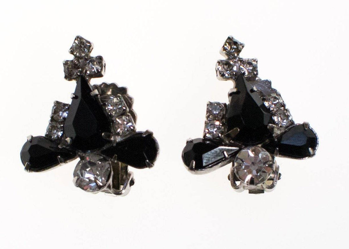 Vintage Jet Black and Clear Crystal Rhinestone Earrings, Clip On