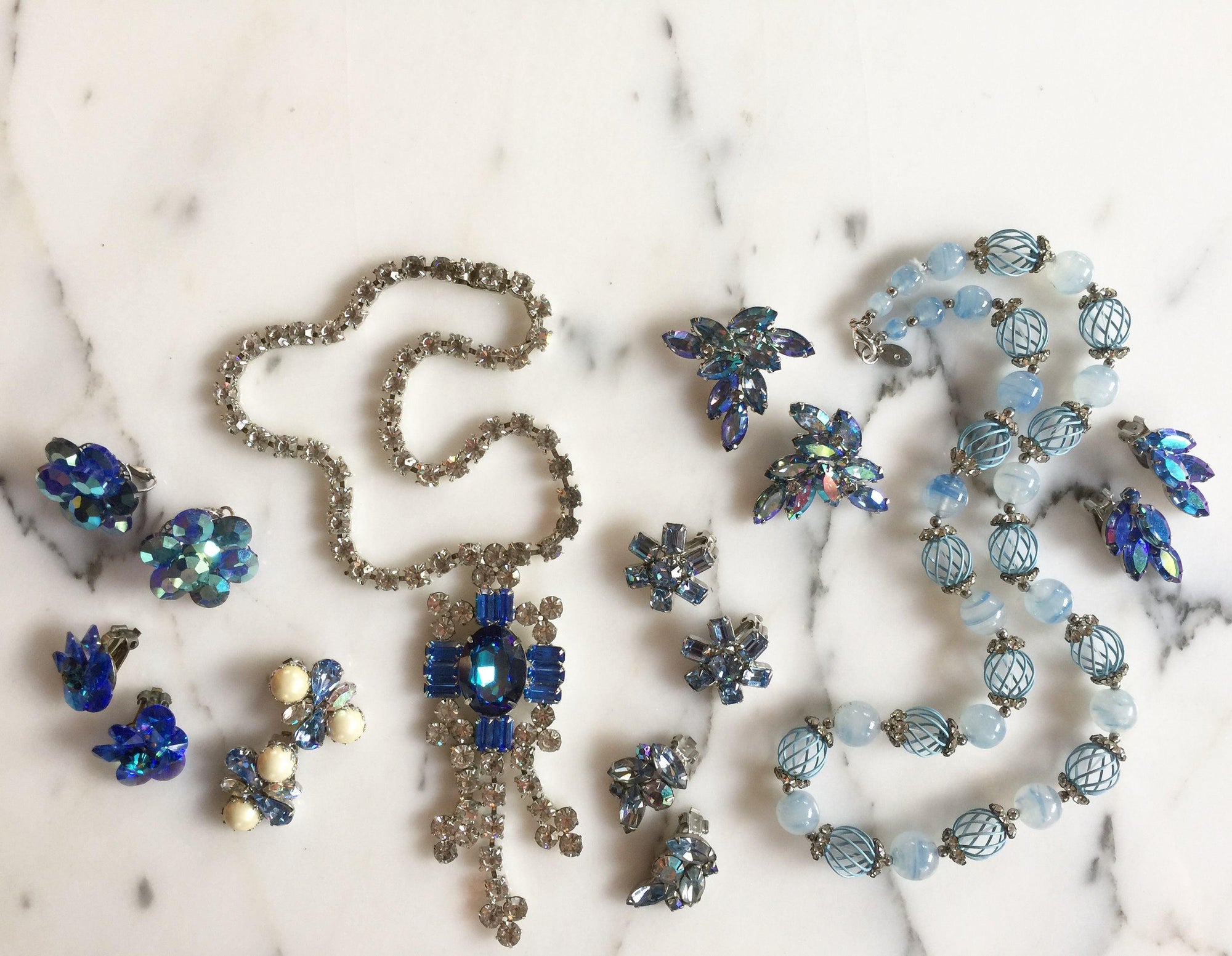 Vintage Sapphire Blue and Diamante Rhinestone Statement Necklace by 1950s - Vintage Meet Modern Vintage Jewelry - Chicago, Illinois - #oldhollywoodglamour #vintagemeetmodern #designervintage #jewelrybox #antiquejewelry #vintagejewelry