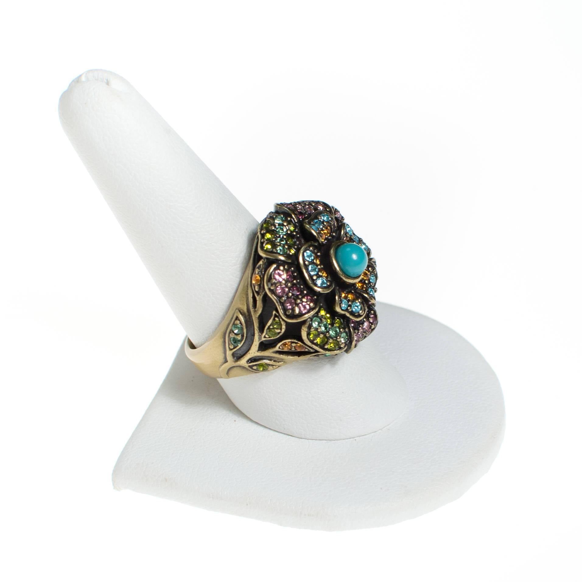 Vintage Heidi Daus Turquoise and Colorful Rhinestone Flower Statement Ring by Heidi Daus - Vintage Meet Modern Vintage Jewelry - Chicago, Illinois - #oldhollywoodglamour #vintagemeetmodern #designervintage #jewelrybox #antiquejewelry #vintagejewelry