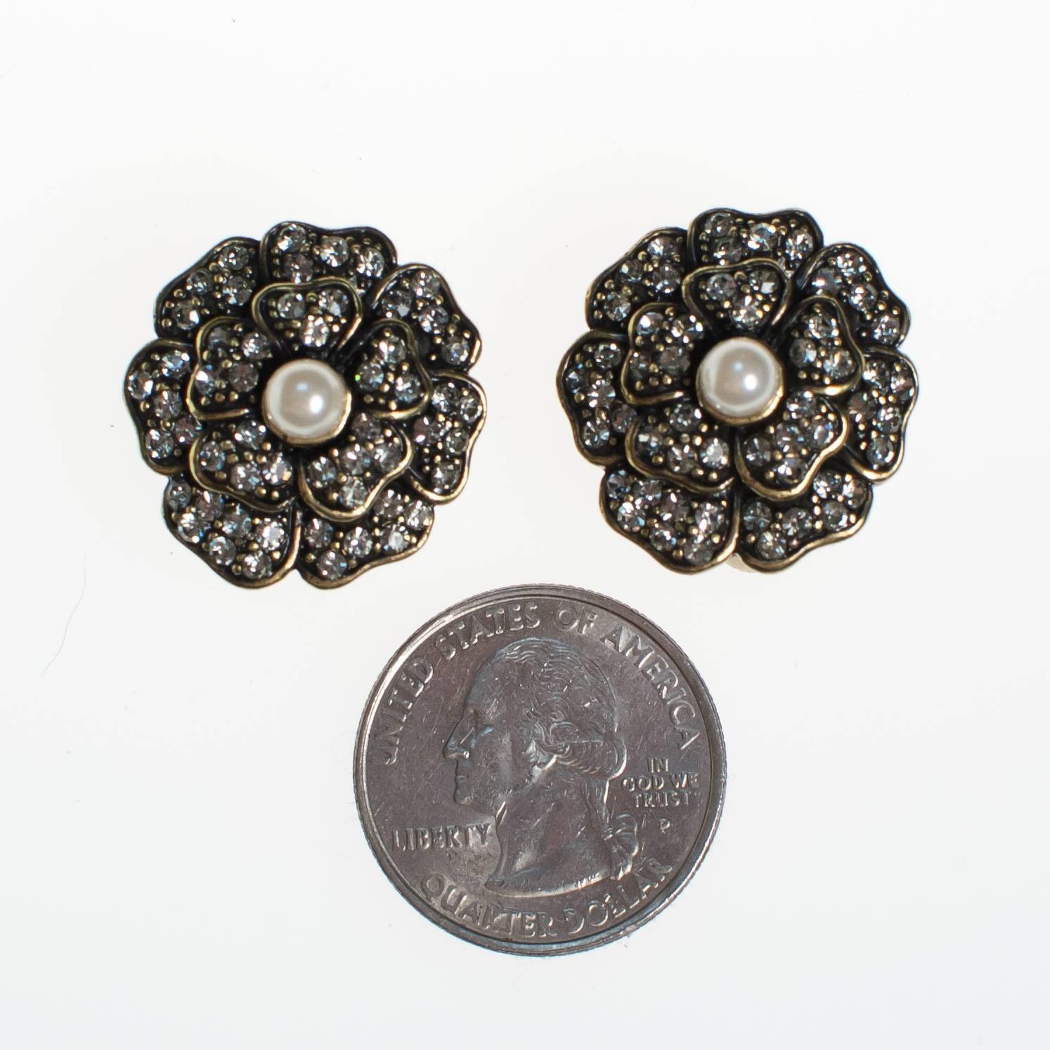 Vintage Heidi Daus Black Diamond Crystal and Pearl Flower Earrings, Clip On by Heidi Daus - Vintage Meet Modern Vintage Jewelry - Chicago, Illinois - #oldhollywoodglamour #vintagemeetmodern #designervintage #jewelrybox #antiquejewelry #vintagejewelry