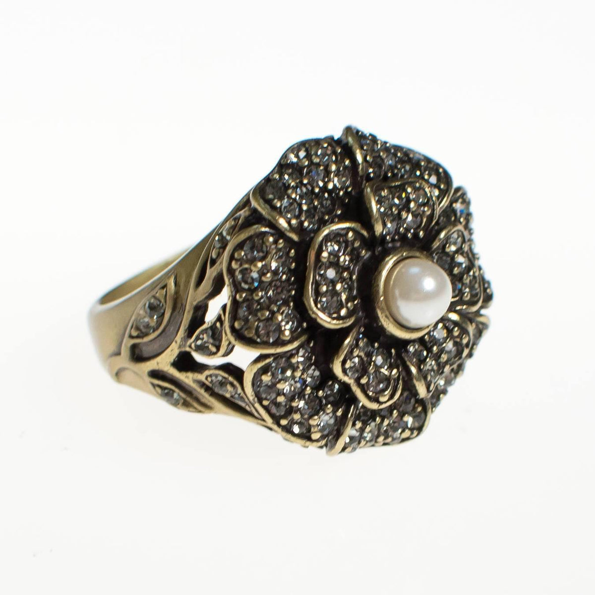 Vintage Heidi Daus Black Diamond and Faux Pearl Flower Statement Ring