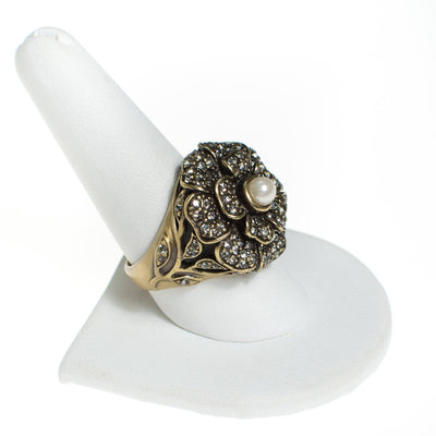 Vintage Heidi Daus Black Diamond and Faux Pearl Flower Statement Ring by Heidi Daus - Vintage Meet Modern Vintage Jewelry - Chicago, Illinois - #oldhollywoodglamour #vintagemeetmodern #designervintage #jewelrybox #antiquejewelry #vintagejewelry