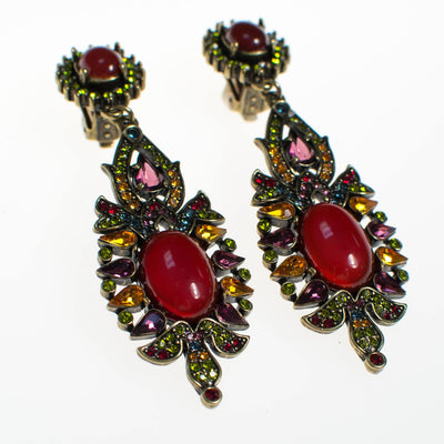 Vintage Heidi Daus Carnelian Cabochon and Colorful Crystal Statement Earrings, Long, Dramatic, Clip On by Heidi Daus - Vintage Meet Modern Vintage Jewelry - Chicago, Illinois - #oldhollywoodglamour #vintagemeetmodern #designervintage #jewelrybox #antiquejewelry #vintagejewelry