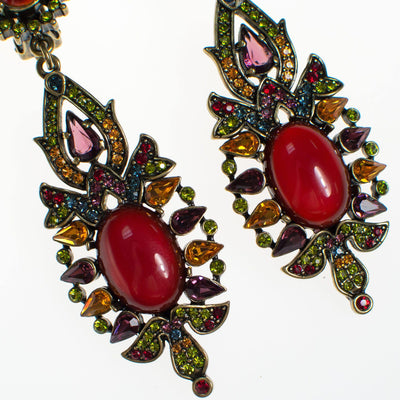 Vintage Heidi Daus Carnelian Cabochon and Colorful Crystal Statement Earrings, Long, Dramatic, Clip On by Heidi Daus - Vintage Meet Modern Vintage Jewelry - Chicago, Illinois - #oldhollywoodglamour #vintagemeetmodern #designervintage #jewelrybox #antiquejewelry #vintagejewelry