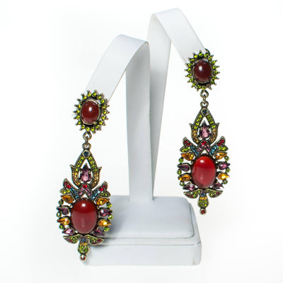 Vintage Heidi Daus Carnelian Cabochon and Colorful Crystal Statement Earrings, Long, Dramatic, Clip On by Heidi Daus - Vintage Meet Modern Vintage Jewelry - Chicago, Illinois - #oldhollywoodglamour #vintagemeetmodern #designervintage #jewelrybox #antiquejewelry #vintagejewelry
