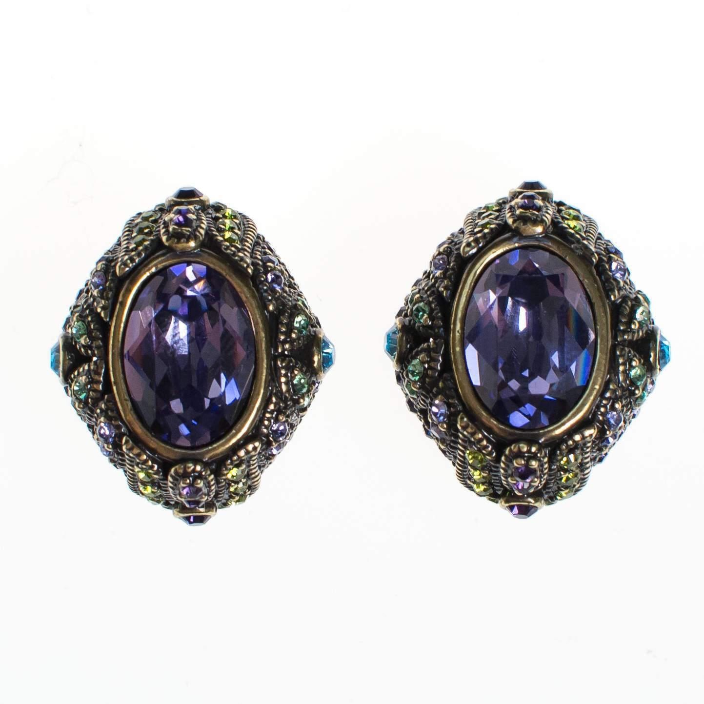 Vintage Heidi Daus Amethyst, Blue Topaz, and Peridot Crystal Rhinestone Earrings, Clip On by Heidi Daus - Vintage Meet Modern Vintage Jewelry - Chicago, Illinois - #oldhollywoodglamour #vintagemeetmodern #designervintage #jewelrybox #antiquejewelry #vintagejewelry