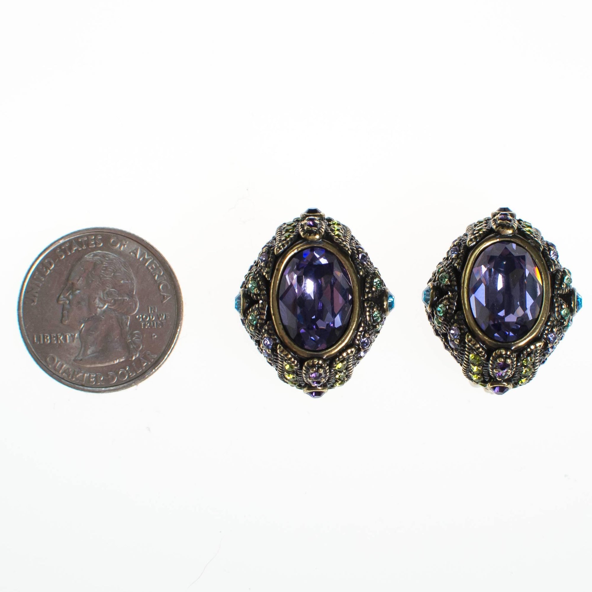 Vintage Heidi Daus Amethyst, Blue Topaz, and Peridot Crystal Rhinestone Earrings, Clip On by Heidi Daus - Vintage Meet Modern Vintage Jewelry - Chicago, Illinois - #oldhollywoodglamour #vintagemeetmodern #designervintage #jewelrybox #antiquejewelry #vintagejewelry