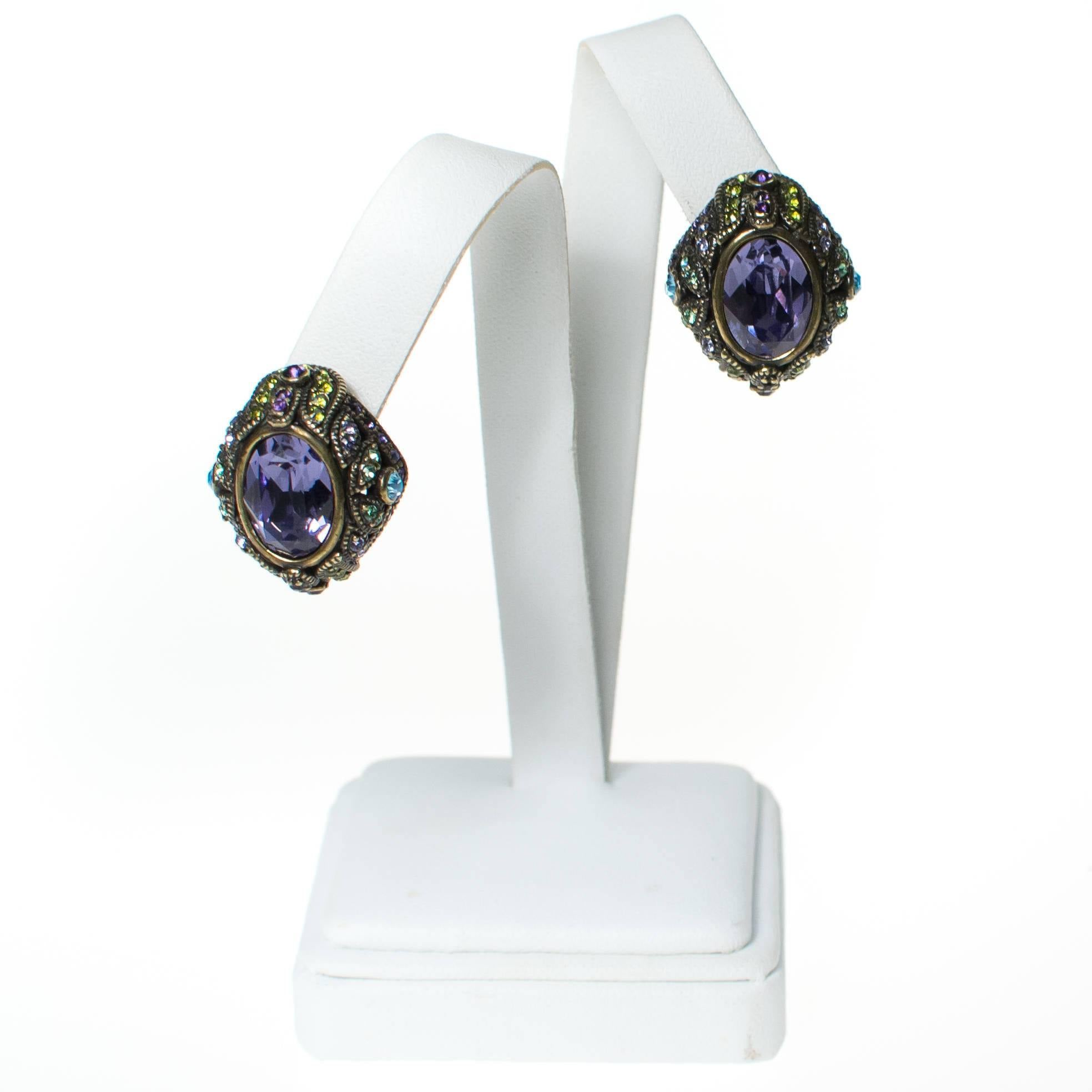 Vintage Heidi Daus Amethyst, Blue Topaz, and Peridot Crystal Rhinestone Earrings, Clip On by Heidi Daus - Vintage Meet Modern Vintage Jewelry - Chicago, Illinois - #oldhollywoodglamour #vintagemeetmodern #designervintage #jewelrybox #antiquejewelry #vintagejewelry