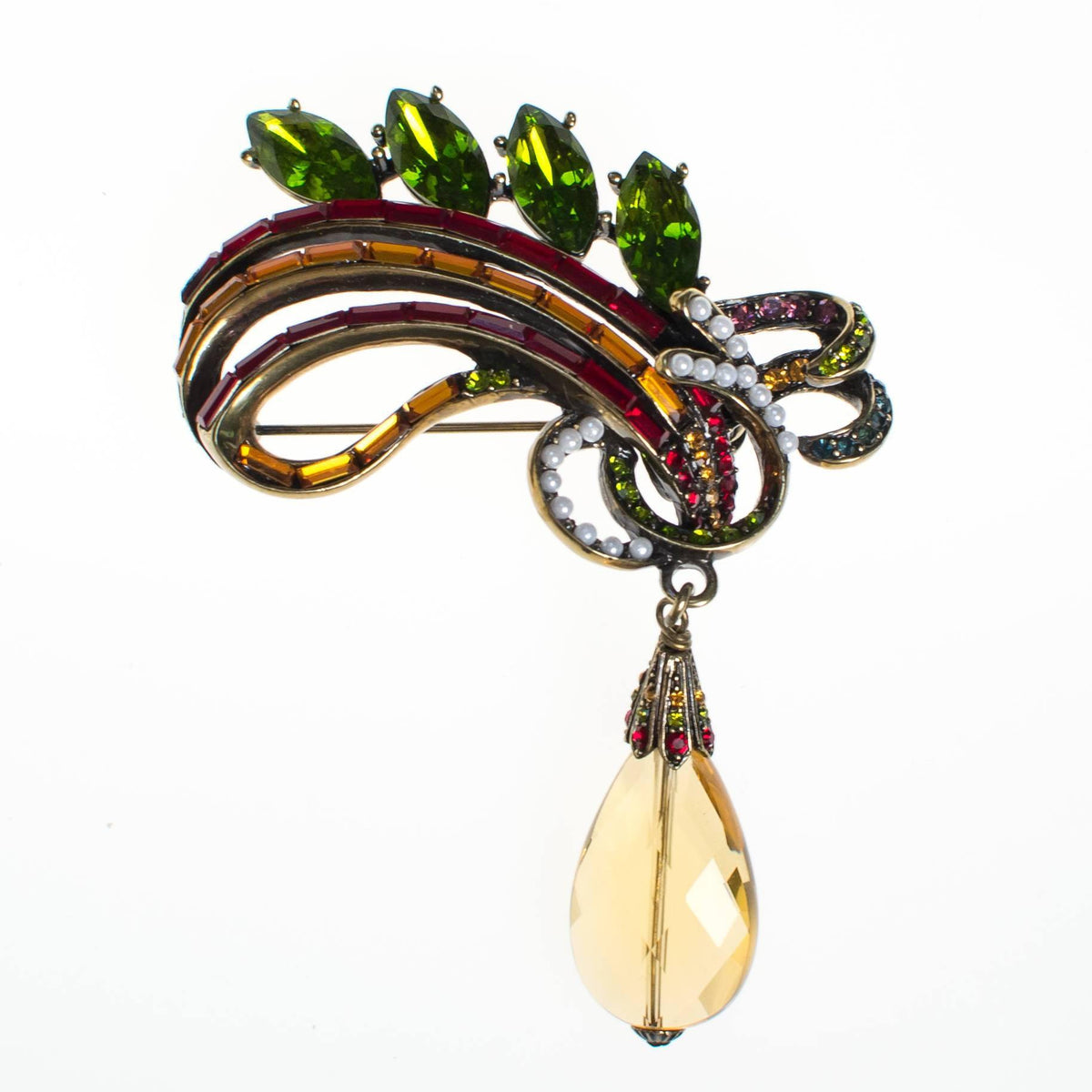 Vintage Heidi Daus Citrine, Amethyst, Citrine, Peridot, and Pearl Brooch