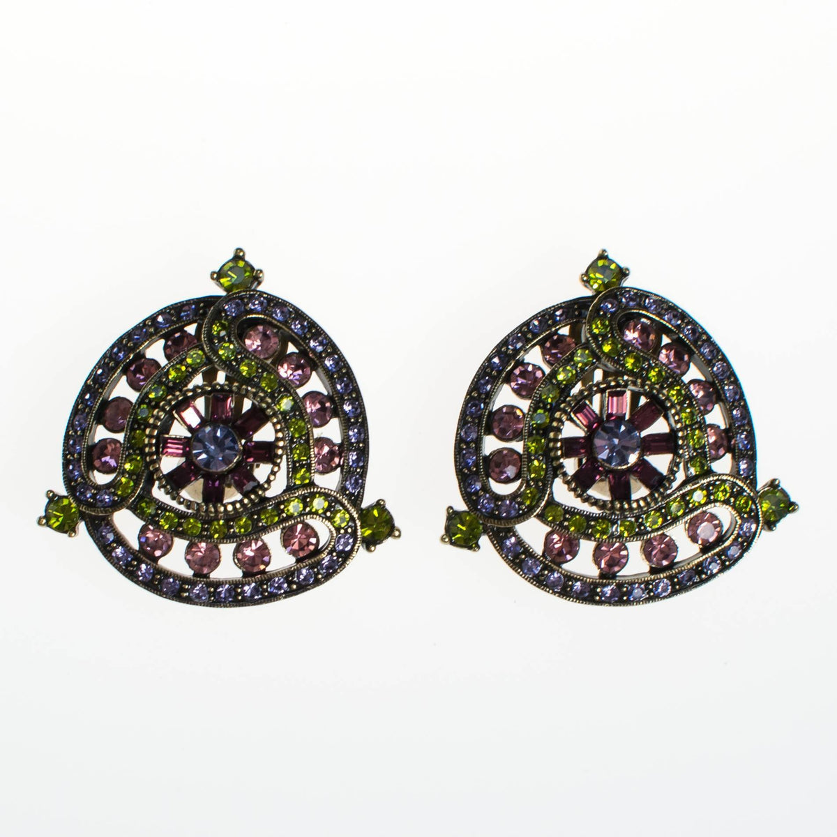 Vintage Heidi Daus Amethyst and Peridot Crystal Rhinestone Medallion Statement Earrings, Clip On