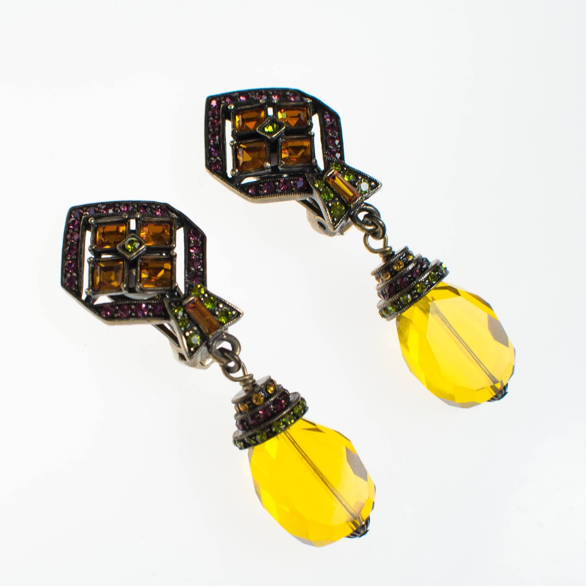 Vintage Heidi Daus Art Deco Style Citrine Crystal Drop Earrings with Amethyst, and Peridot Crystal Accents, Clip On by Heidi Daus - Vintage Meet Modern Vintage Jewelry - Chicago, Illinois - #oldhollywoodglamour #vintagemeetmodern #designervintage #jewelrybox #antiquejewelry #vintagejewelry