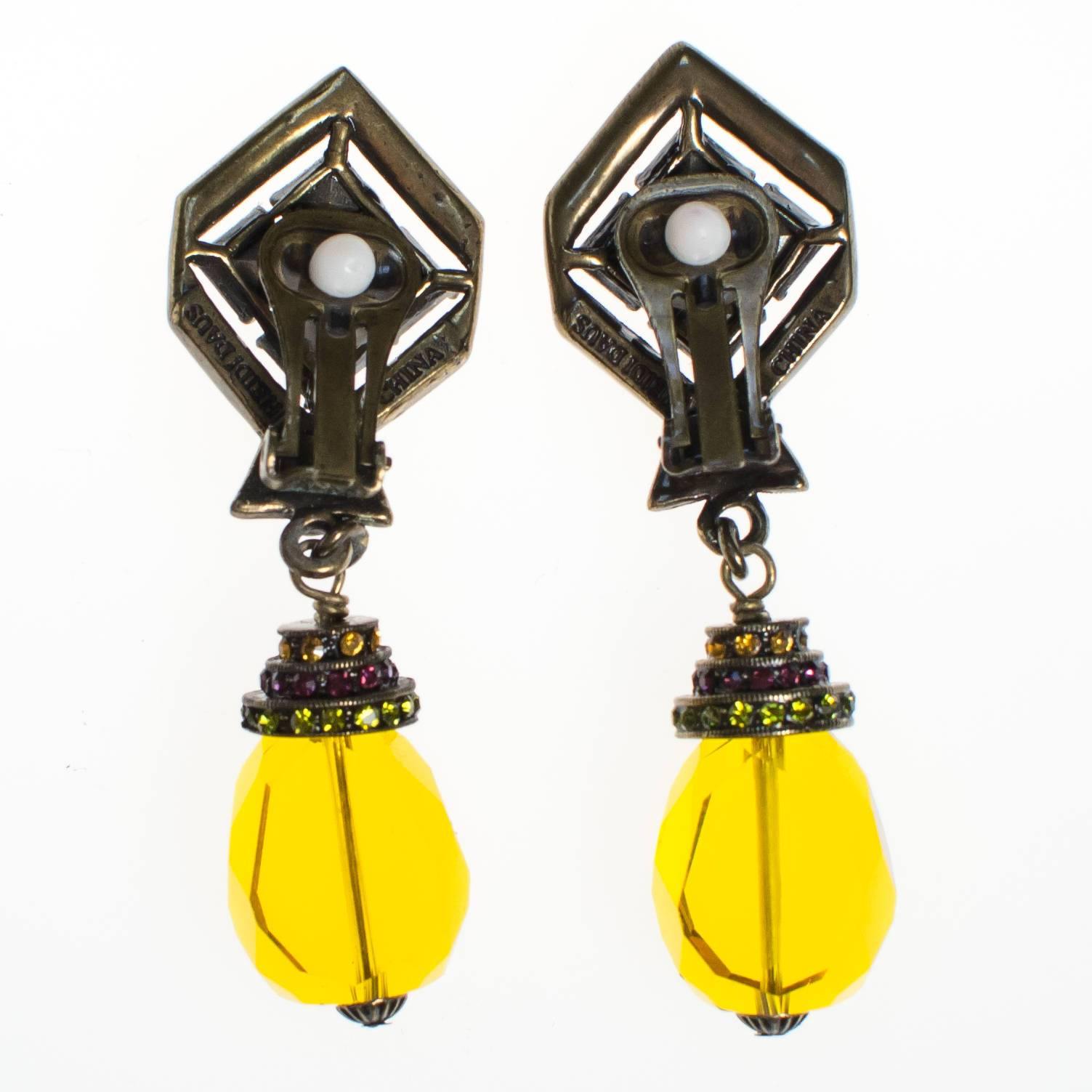 Vintage Heidi Daus Art Deco Style Citrine Crystal Drop Earrings with Amethyst, and Peridot Crystal Accents, Clip On by Heidi Daus - Vintage Meet Modern Vintage Jewelry - Chicago, Illinois - #oldhollywoodglamour #vintagemeetmodern #designervintage #jewelrybox #antiquejewelry #vintagejewelry