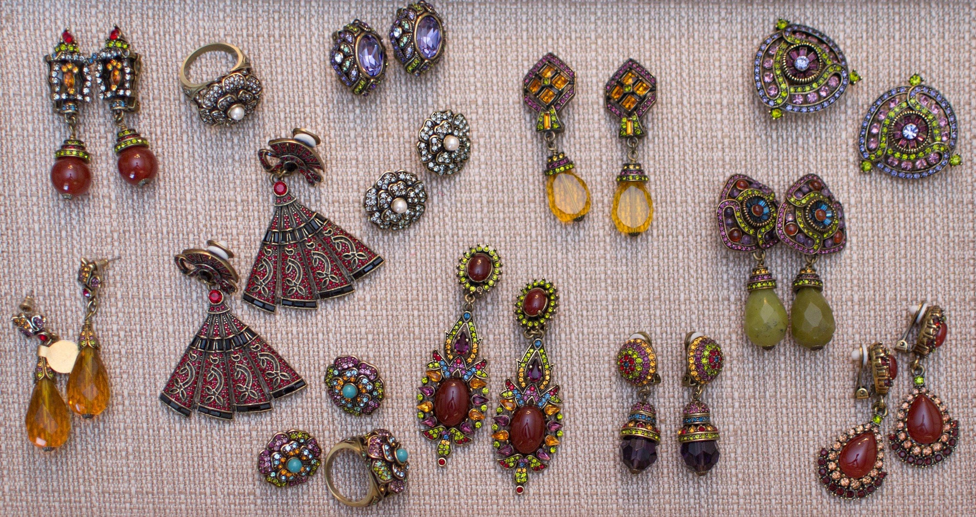 Vintage Heidi Daus Citrine Crystal and Amethyst, Garnet Rhinestone Dangling Drop Statement Earrings by Heidi Daus - Vintage Meet Modern Vintage Jewelry - Chicago, Illinois - #oldhollywoodglamour #vintagemeetmodern #designervintage #jewelrybox #antiquejewelry #vintagejewelry