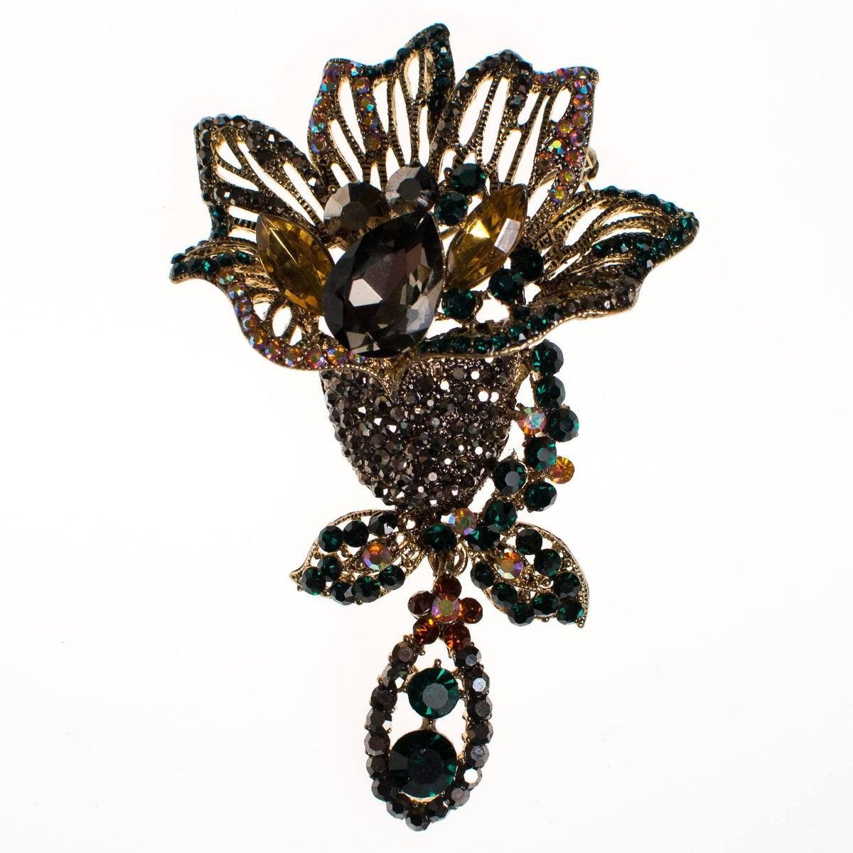 Vintage Rhinestone Lily Brooch with Marcasite, Emerald, Yellow Topaz Crystal Rhinestones