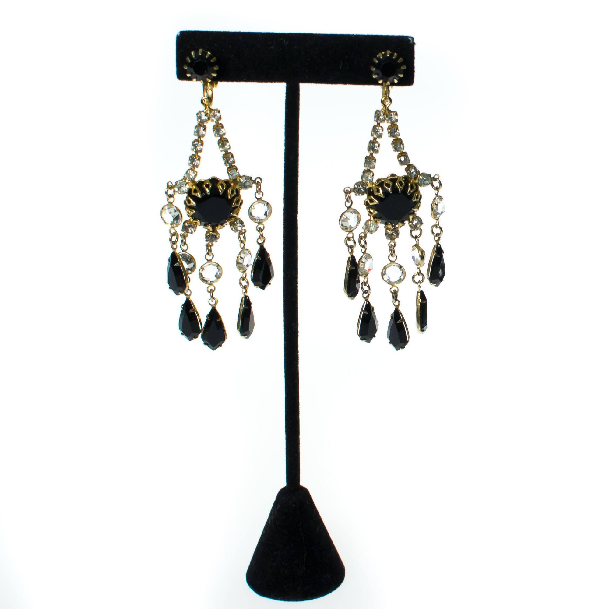 Vintage Crystal and Jet Black Rhinestone Chandelier Statement Earrings by 1960s - Vintage Meet Modern Vintage Jewelry - Chicago, Illinois - #oldhollywoodglamour #vintagemeetmodern #designervintage #jewelrybox #antiquejewelry #vintagejewelry