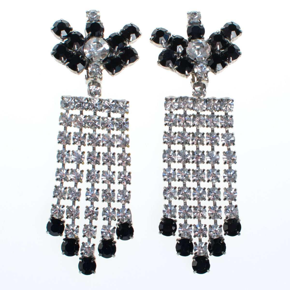 Vintage Clear and Crystal and Jet Black Rhinestone Chandelier Earrings