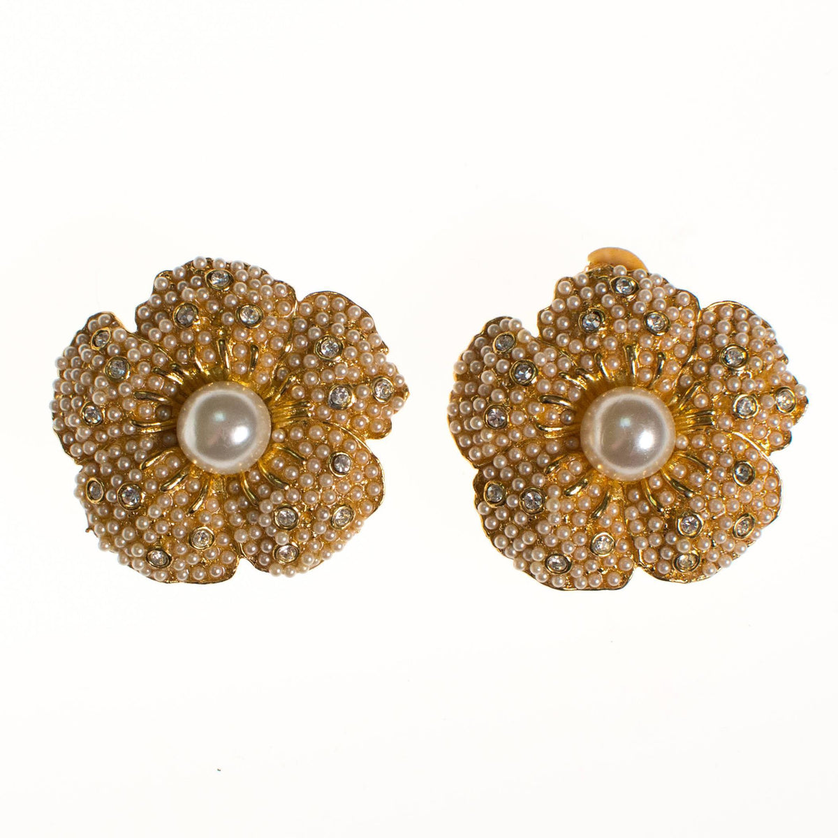 Vintage Camellia Flower Pearl and Rhinestone Earrings